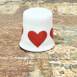 Vintage Red Hearts "Love" Thimble Sewing Porcelain White